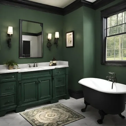 Interior Painting-Bathroom in dark green with green cabinets-365 Renovations-500x500
